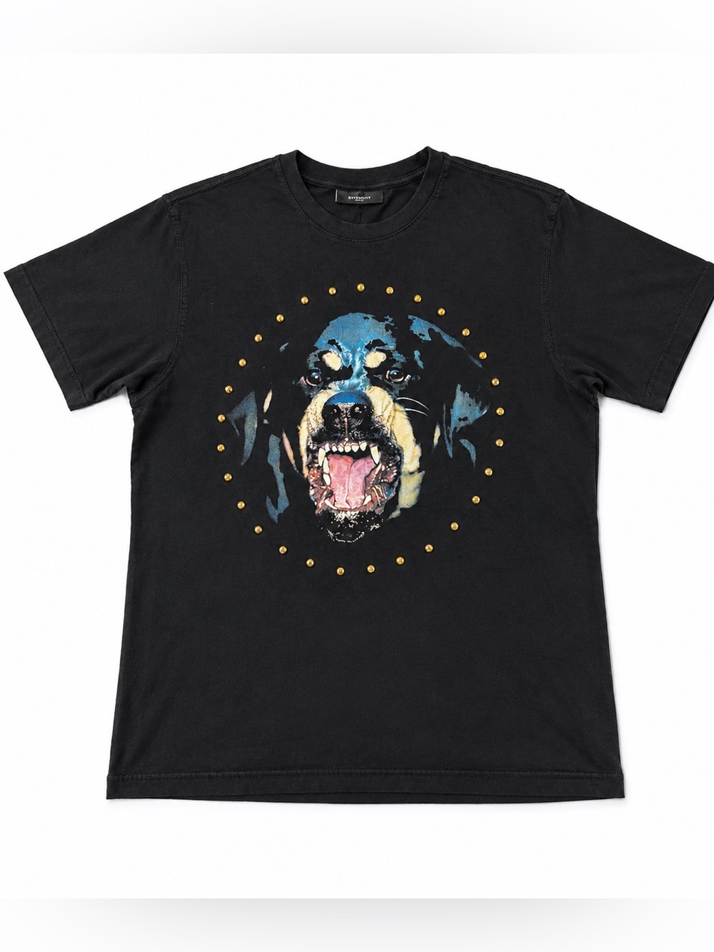 Givenchy Black Graphic Dog Tee with Gold Stud Ring